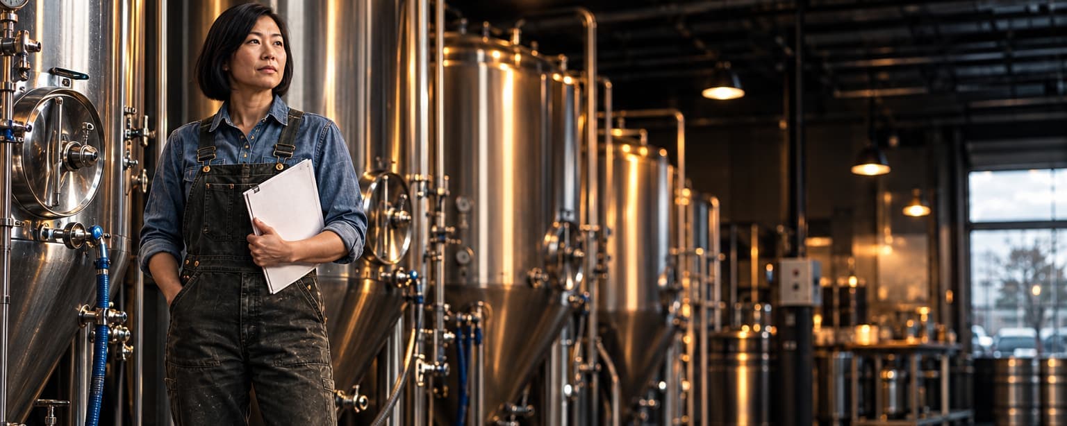 A brewery co-owner in her forties standing between stainless steel fermentation tanks holding a folder of papers