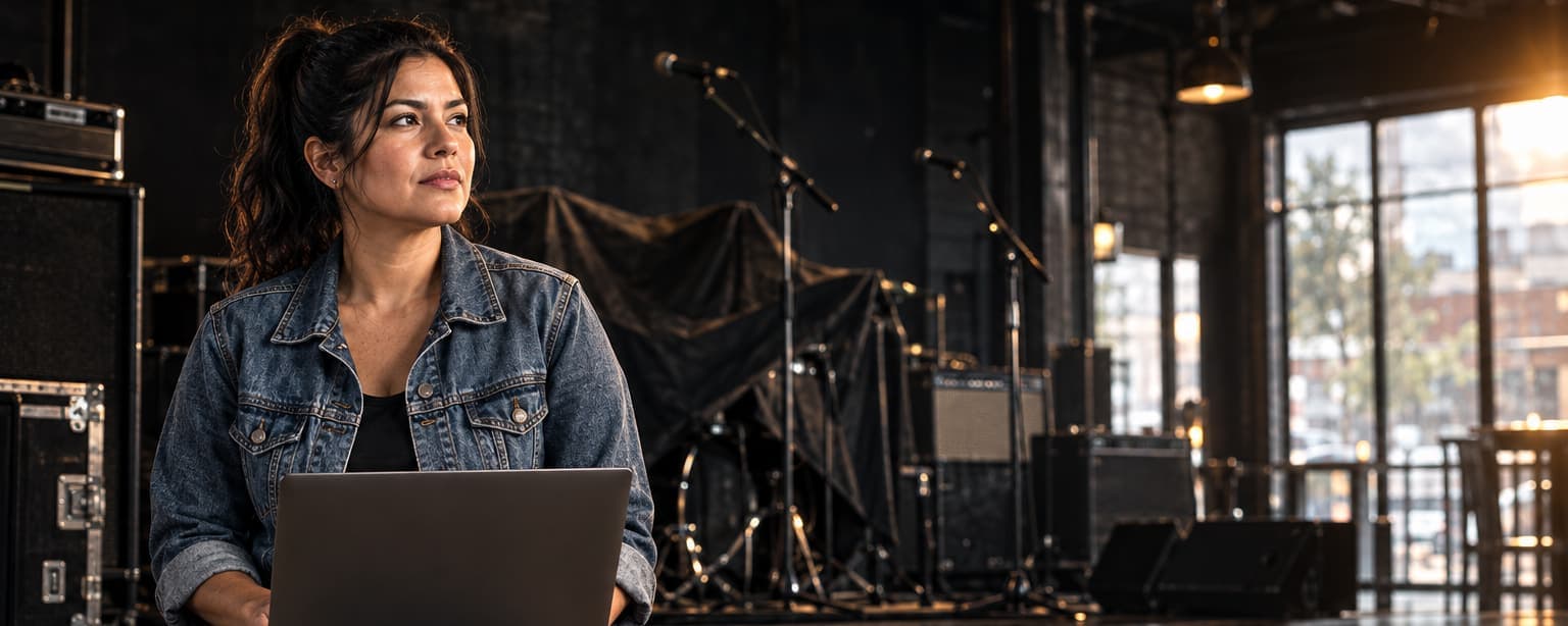 The owner of a live music bar, a Latina woman in her thirties, sitting on the edge of a small stage in the morning with a laptop and a folder of papers, microphone stands and amplifiers behind her