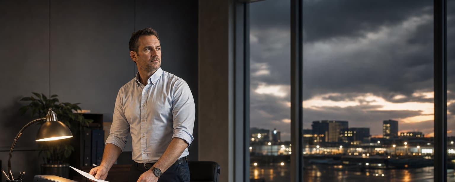 A broker in shirtsleeves at a desk assembling a submission package from three carrier folders, city dusk through the window behind him