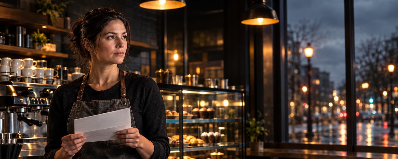 A coffee shop owner in an apron reading a letter at her counter at closing, the espresso machine and pastry case behind her and street lights through the window
