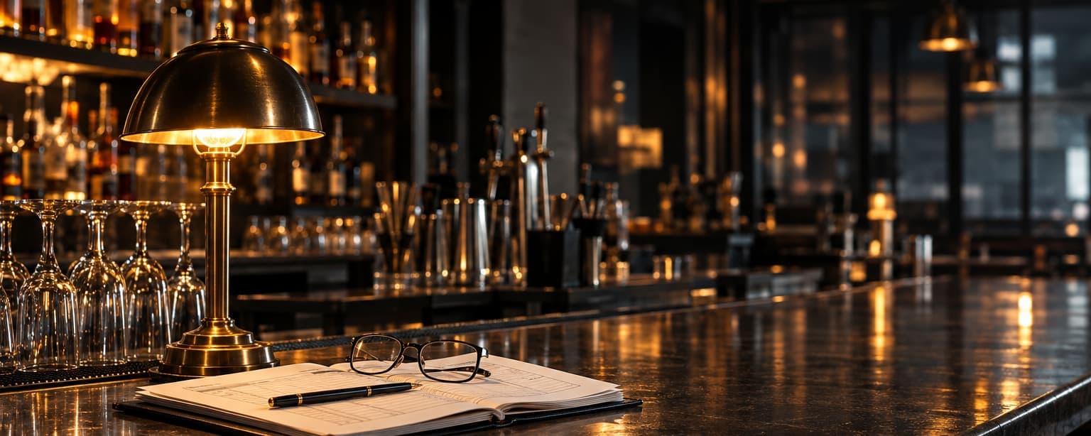 A bar counter after close with an open renewal invoice and reading glasses resting on it, a single lamp lit above a row of upturned glasses
