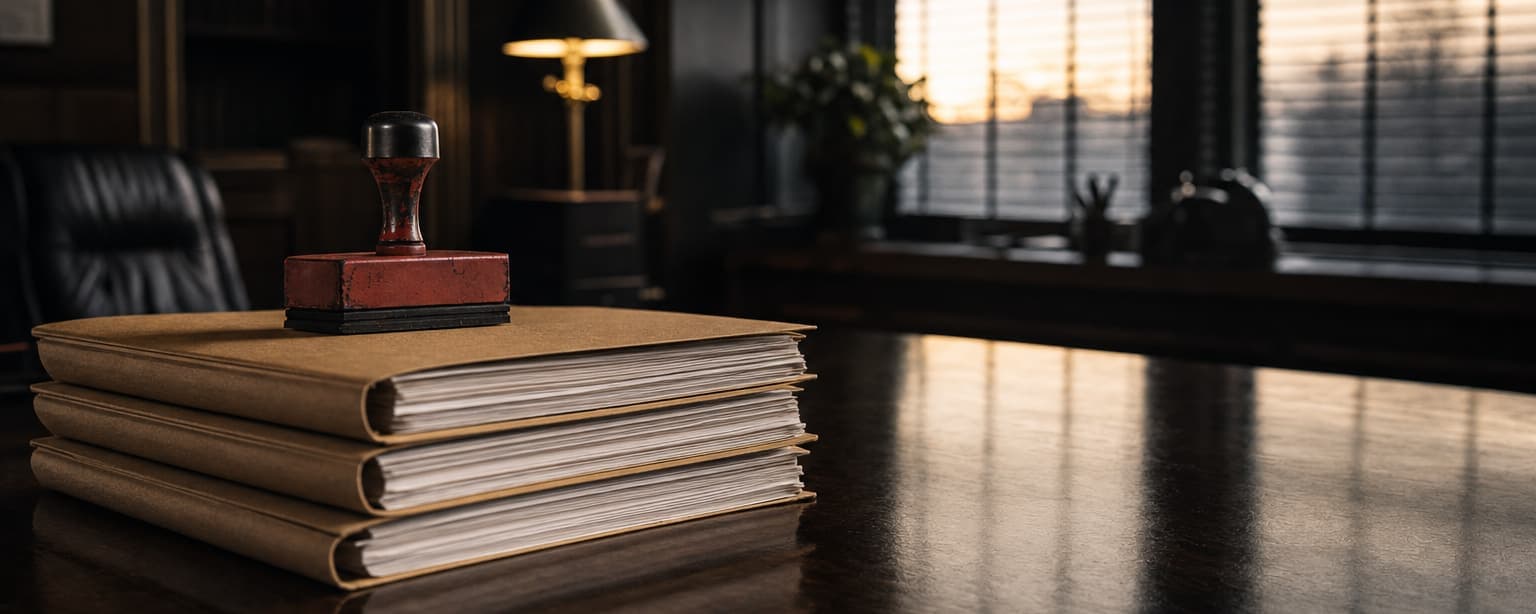 Three identical submission folders from different agencies stacked on an underwriter’s desk with a rejection stamp resting on top