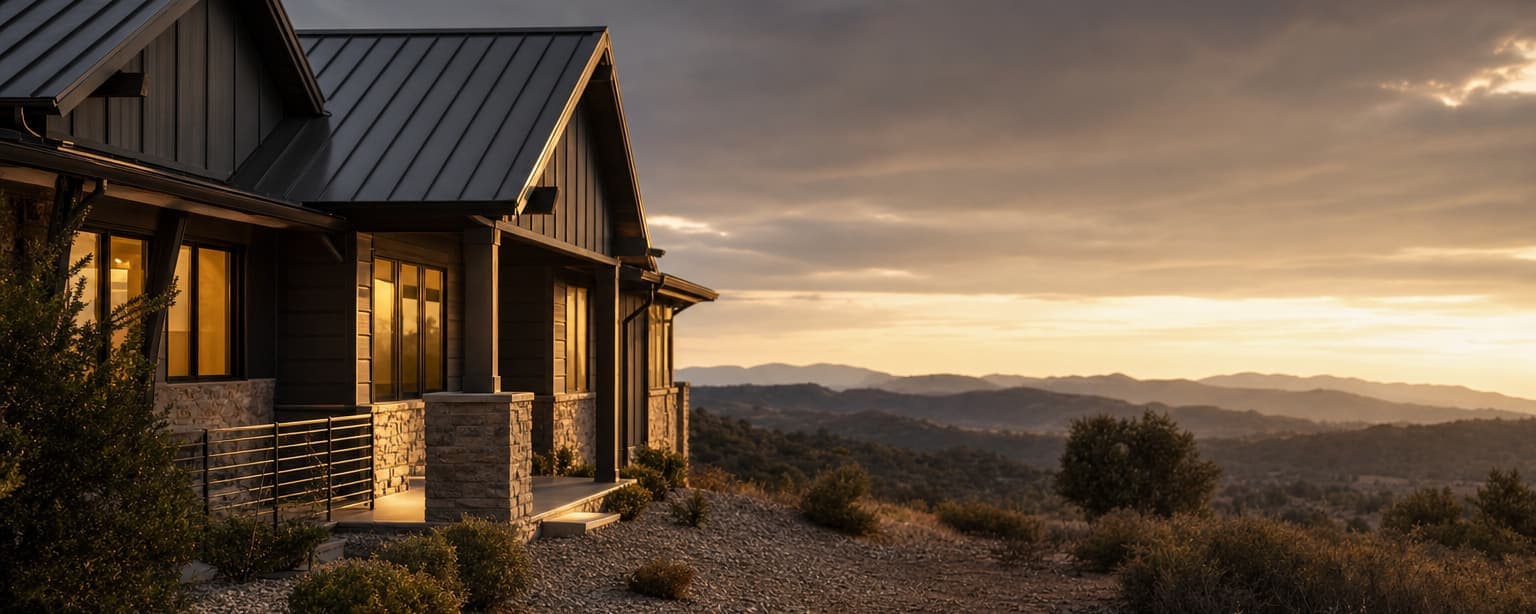 A house with a standing seam metal roof on a ridge at sunset, the ground around it cleared back to gravel and low planting