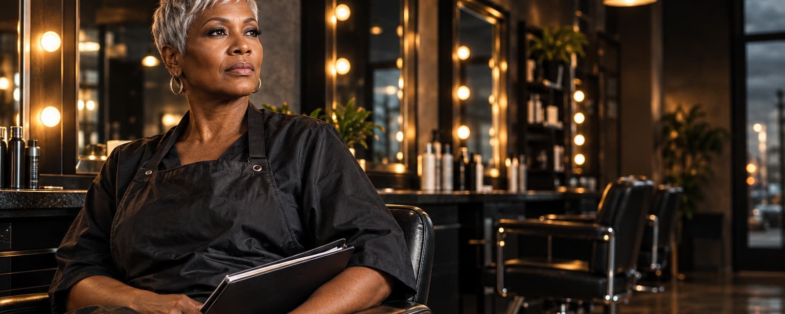 A hair salon owner in her sixties sitting in one of her styling chairs after hours with a folder on her lap, mirrors and warm lights behind her