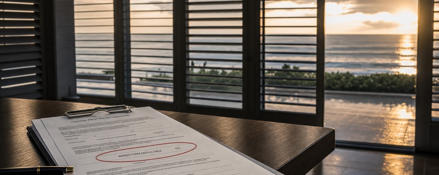 A coastal property declarations page on a clipboard with the windstorm deductible circled in red, shuttered windows onto the sea behind