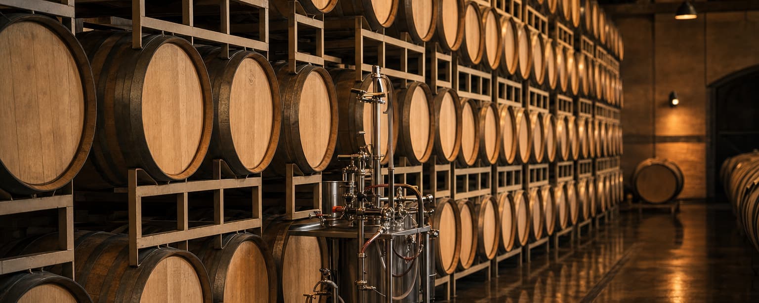 A winery barrel room, oak barrels stacked three high in long rows with a topping cart in the aisle and a bung mallet resting on a barrel head, low warm lighting