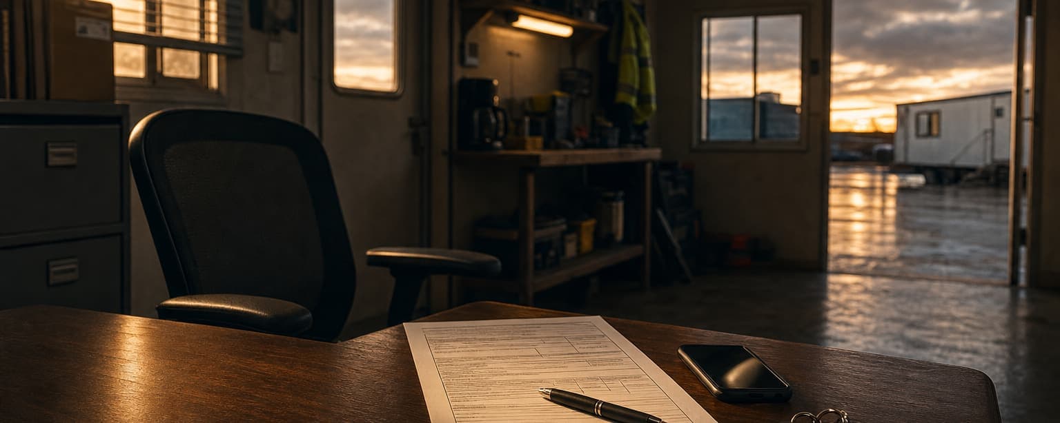 A single certificate of insurance on an otherwise empty contractor desk beside truck keys and a phone, an empty chair and a quiet job trailer around it