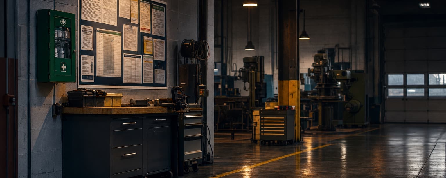 A machine shop wall carrying a board of safety and labor postings beside a first aid cabinet, machines and a roller door beyond