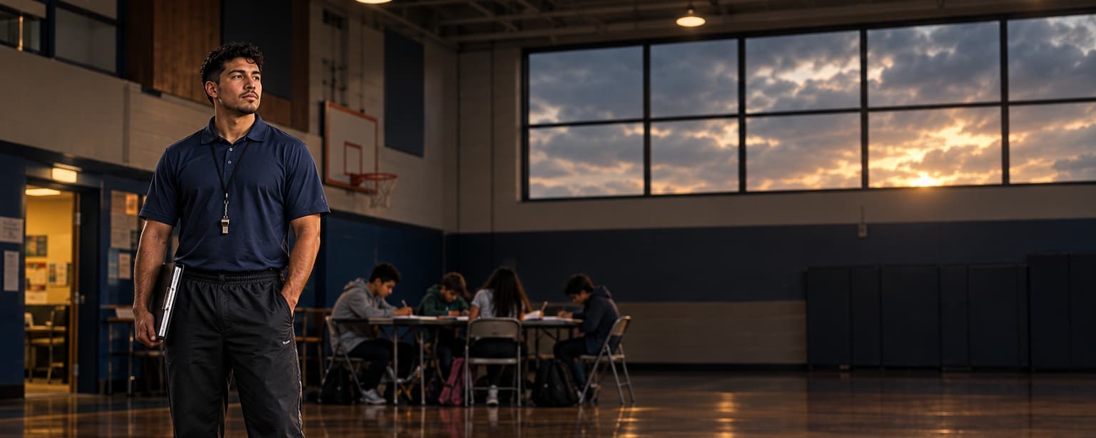 A youth program director in a club polo with a whistle on a lanyard standing in a community youth center gym after school, kids at homework tables along the wall behind him and a basketball resting on the floor at his feet