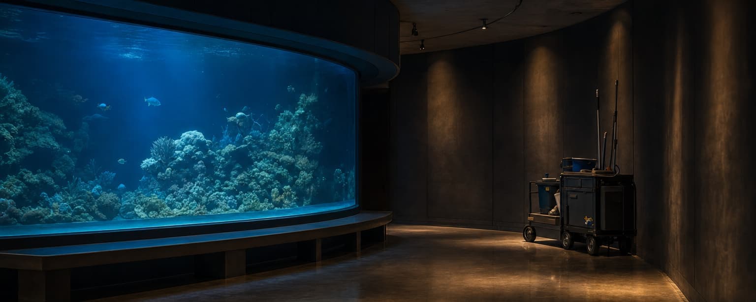 An aquarium gallery after closing, a large curved viewing window glowing blue over an empty bench and a keeper cart parked against the far wall