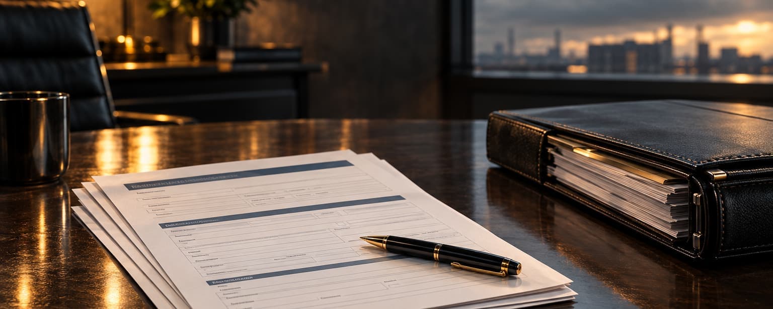 A commercial insurance application on a dark desk, the first page uppermost with its business information fields, a fountain pen across it and a leather binder of company documents beside it
