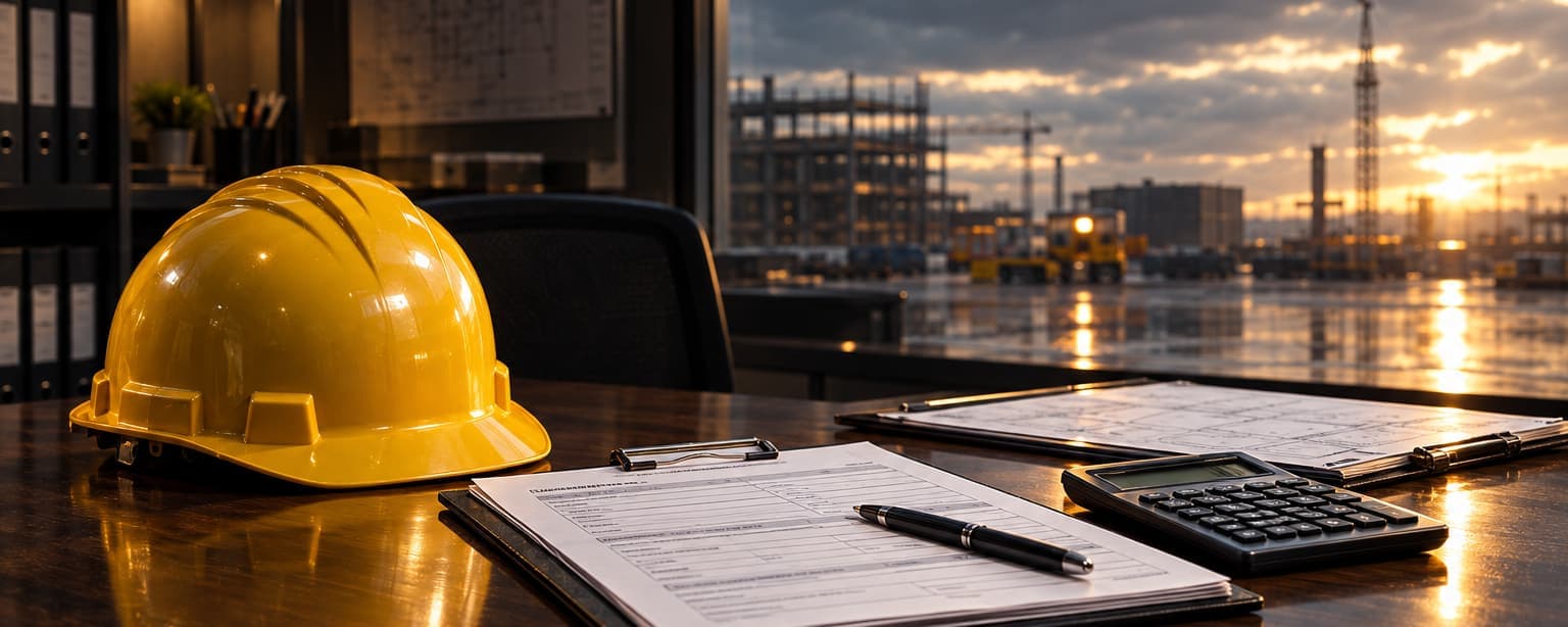 A contractor’s office desk with a general liability application on a clipboard, a yellow hard hat, a second clipboard of estimates and a calculator, a construction site catching the sunset through the window