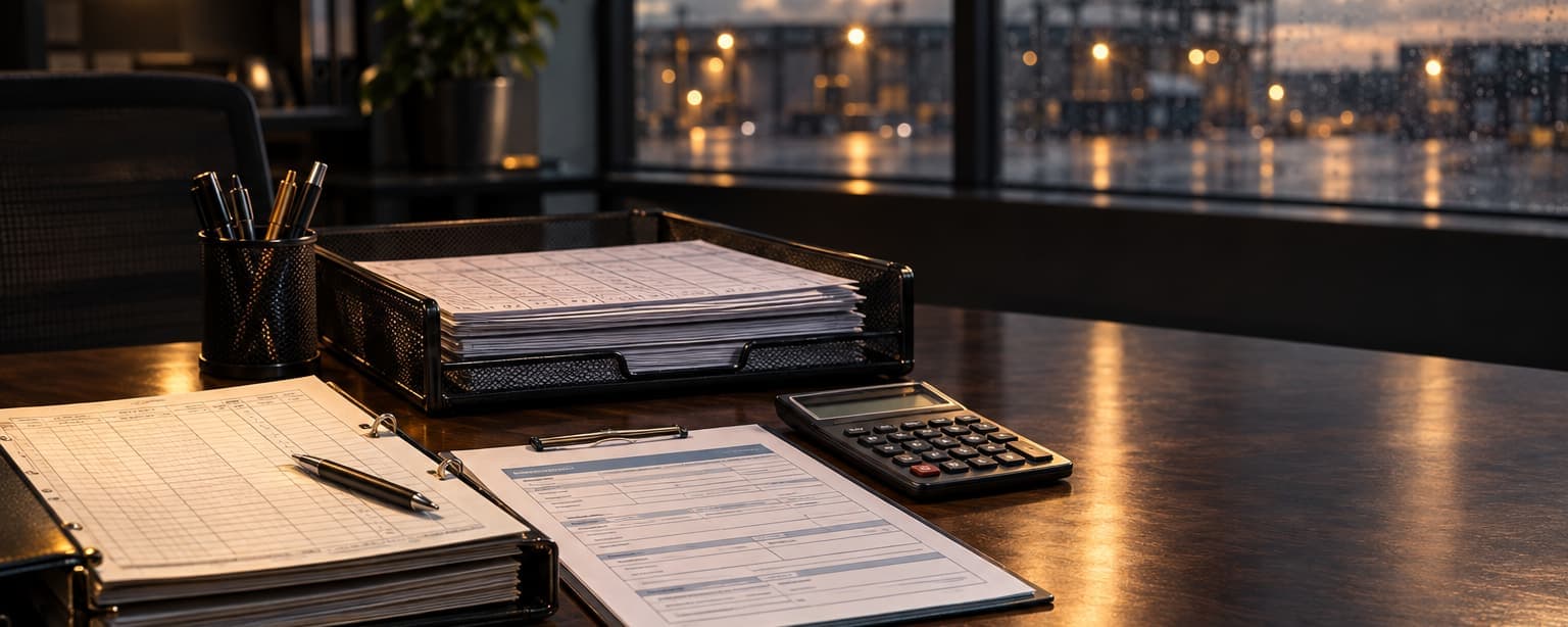 A payroll ledger open beside a workers compensation application on an office desk, a wire tray of timesheets, a calculator and pens, rain on the window and a lit yard beyond