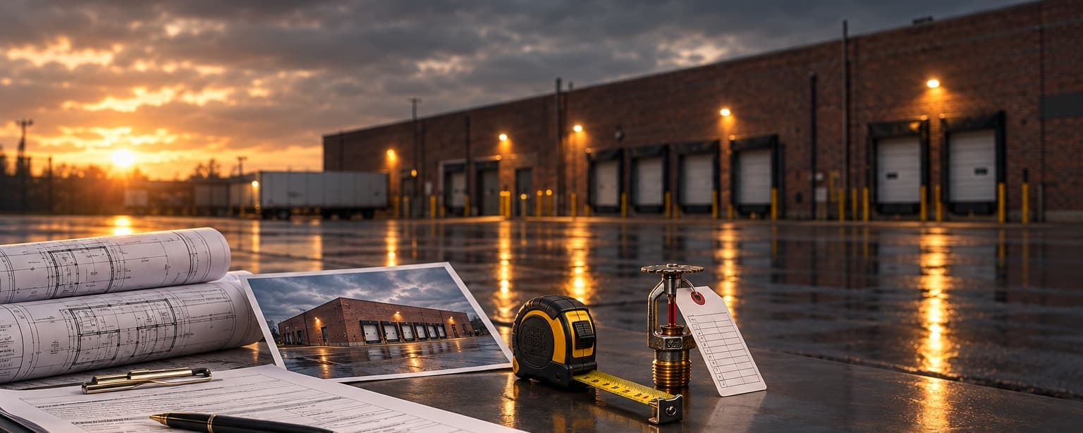 Rolled blueprints, a property application, a photo of a brick warehouse, a tape measure and a brass sprinkler head with an inspection tag laid out on wet sidewalk in front of loading docks at sunset