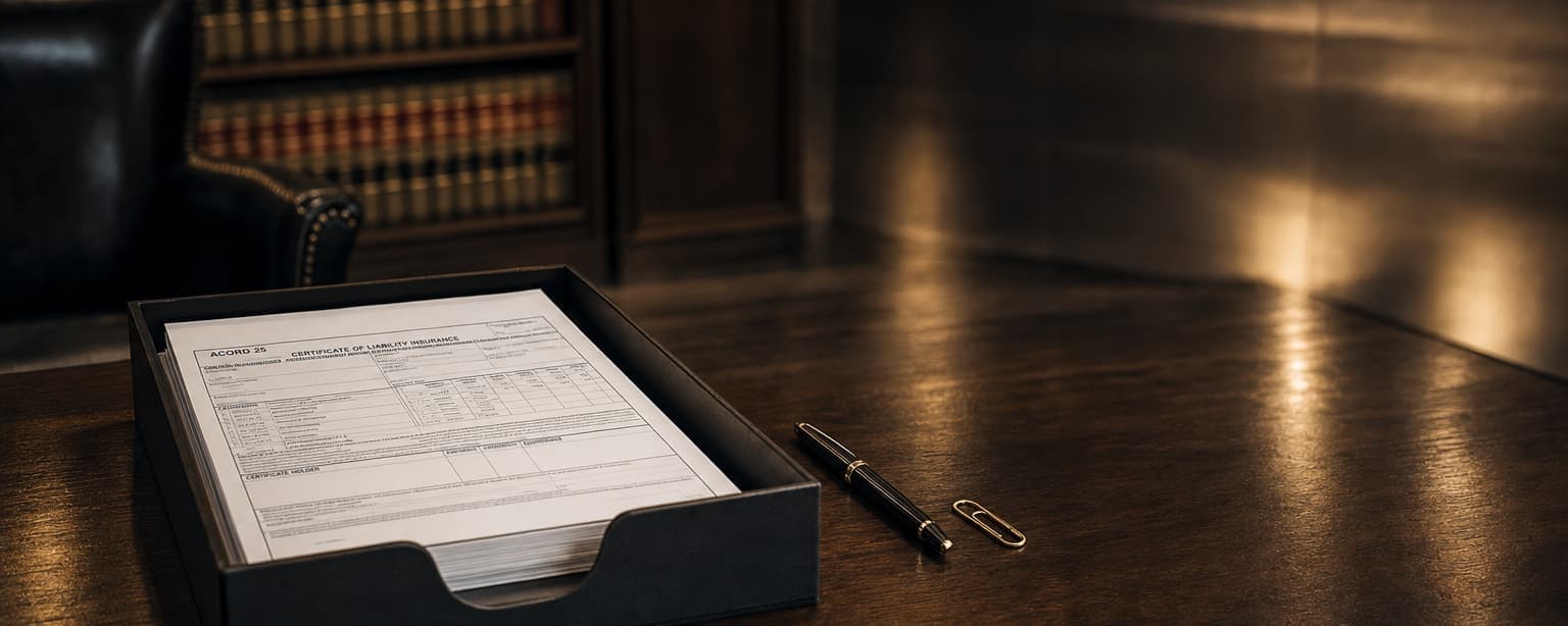 A certificate of liability form on a clipboard in a leather desk tray, a pen and a paperclip beside it, shelves of bound volumes behind and low sun across a dark wood floor