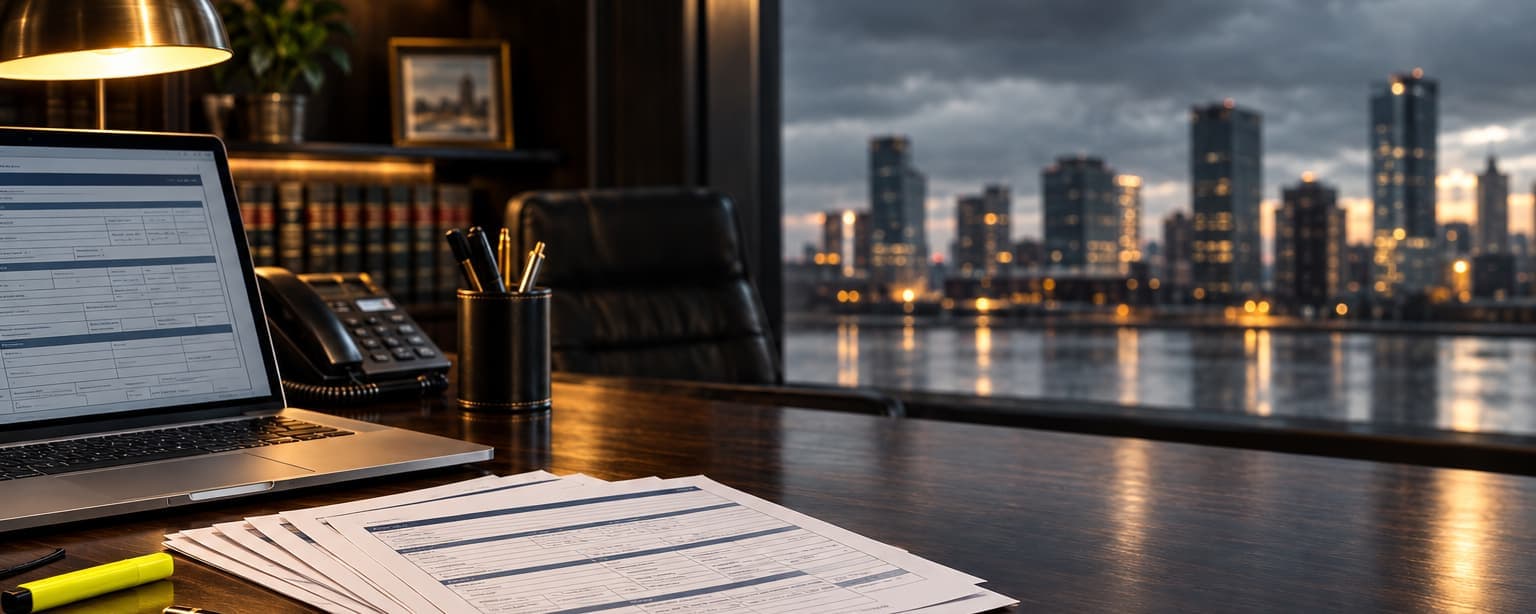 An agency desk at dusk with a fan of standard commercial insurance application forms, a laptop showing the same form on screen, a pen cup and a highlighter, the city skyline in the window
