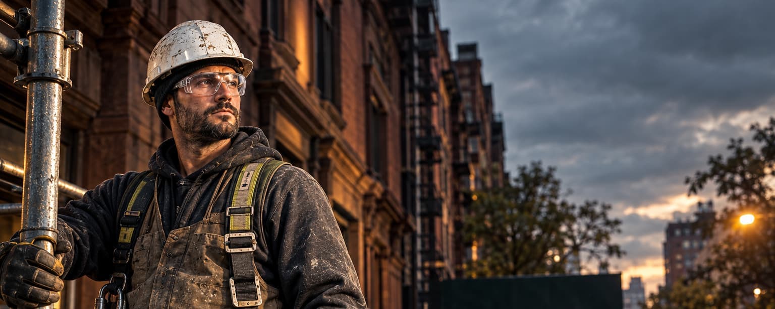 A New York masonry subcontractor foreman in a hard hat on pipe scaffolding against a brownstone facade at dusk, a sidewalk shed below and the wet street reflecting lights