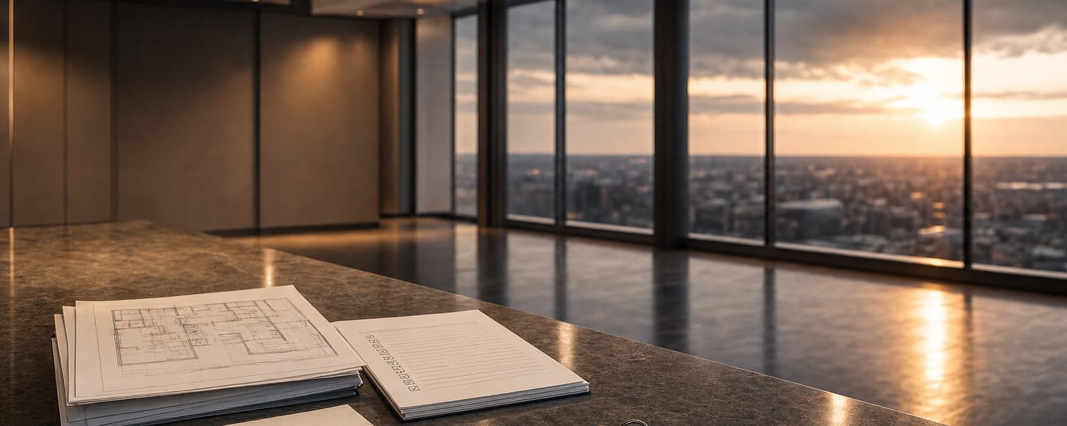 An empty high-rise office at sunset, architectural drawings and a signed page on a stone counter with a pen and a set of keys