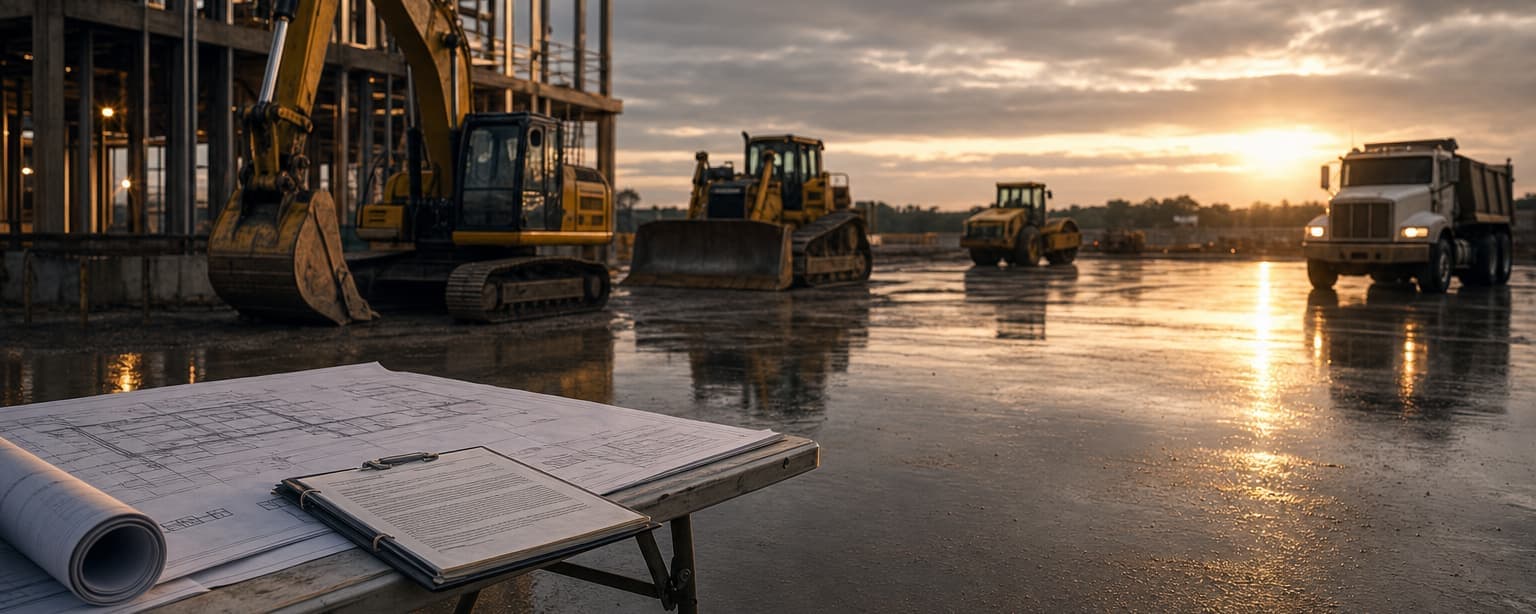 A wet construction pad at dusk with an excavator, a dozer, loaders and a dump truck under a breaking sky, drawings weighted down on a folding table in the foreground