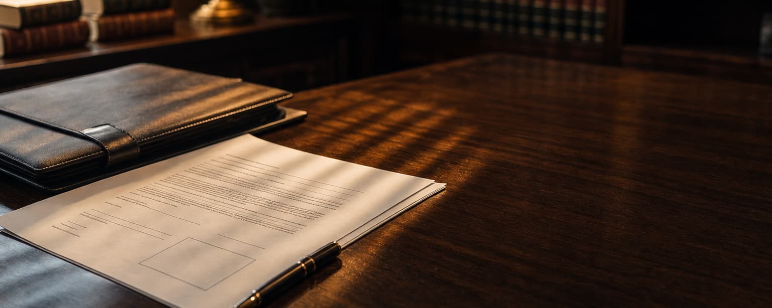 A surplus lines disclosure form with a signature line and a state stamp block on a desk beside a policy jacket and a pen