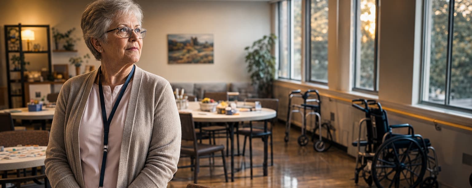 An adult day program coordinator in a cardigan and staff lanyard in a bright activity room, round tables set with craft supplies, walkers and a wheelchair parked along the wall under tall windows