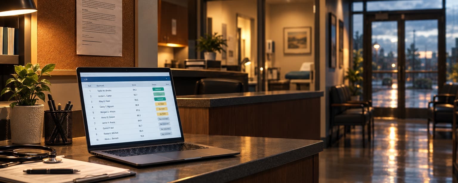 A small clinic front office with a laptop showing a ranked list of job applicants