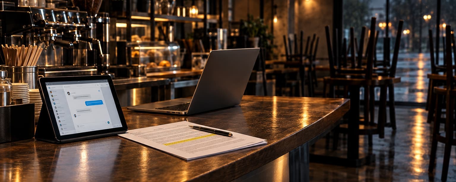 A cafe counter at closing time with a tablet showing a customer chat window beside a printed insurance policy