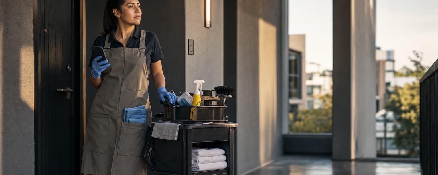 A co-host in an apron restocking a cleaning cart outside a rental unit door with a phone showing a turnover checklist in her hand