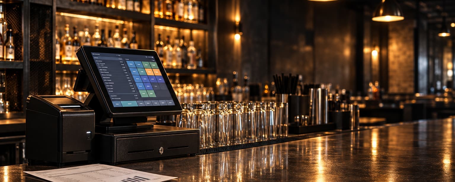A bar till with its screen lit and a printed sales report on the polished counter beside a row of glasses
