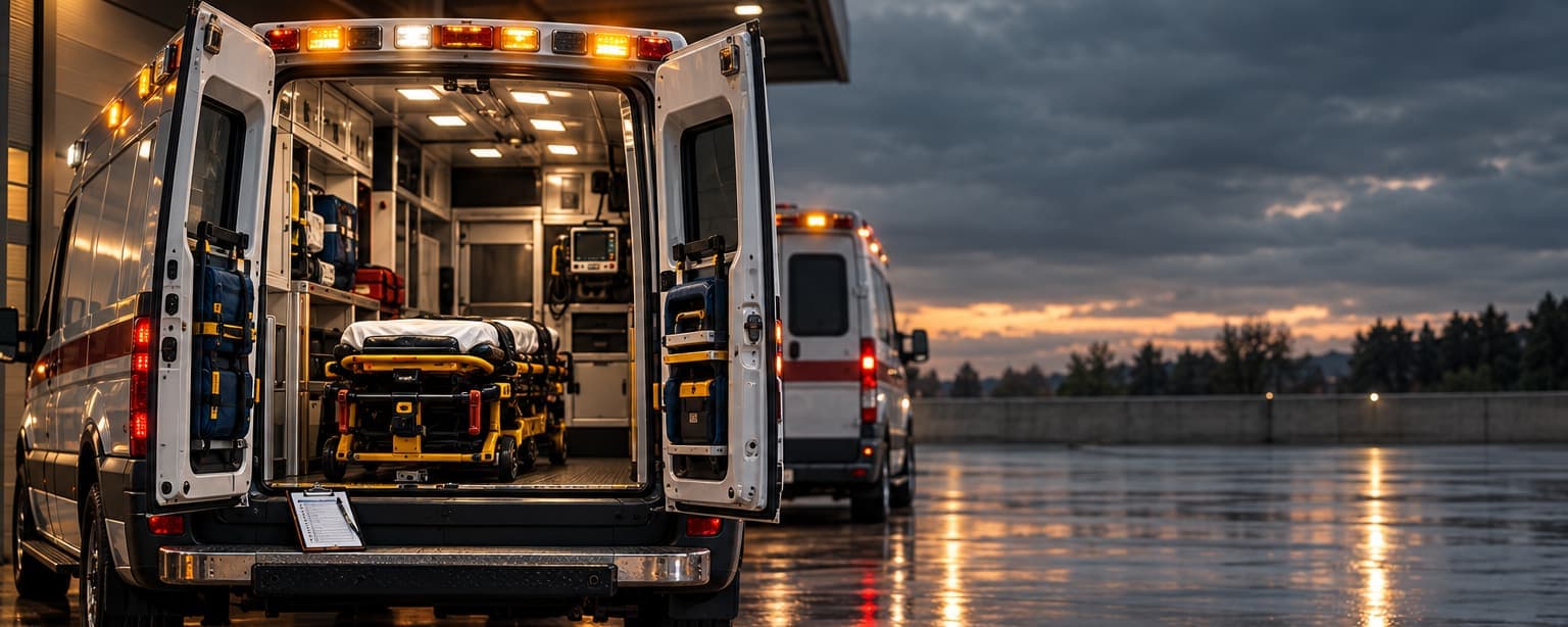 A private ambulance in a station bay with its rear doors open showing the stretcher and mounted equipment, a second unit behind it, a checklist clipboard resting on the bumper