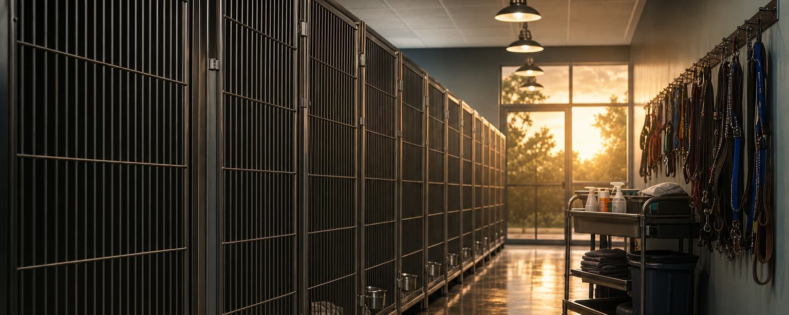 An animal shelter kennel corridor after evening feeding, clean runs with blankets and stainless bowls, a leash rack on the wall and a supply cart parked in the aisle