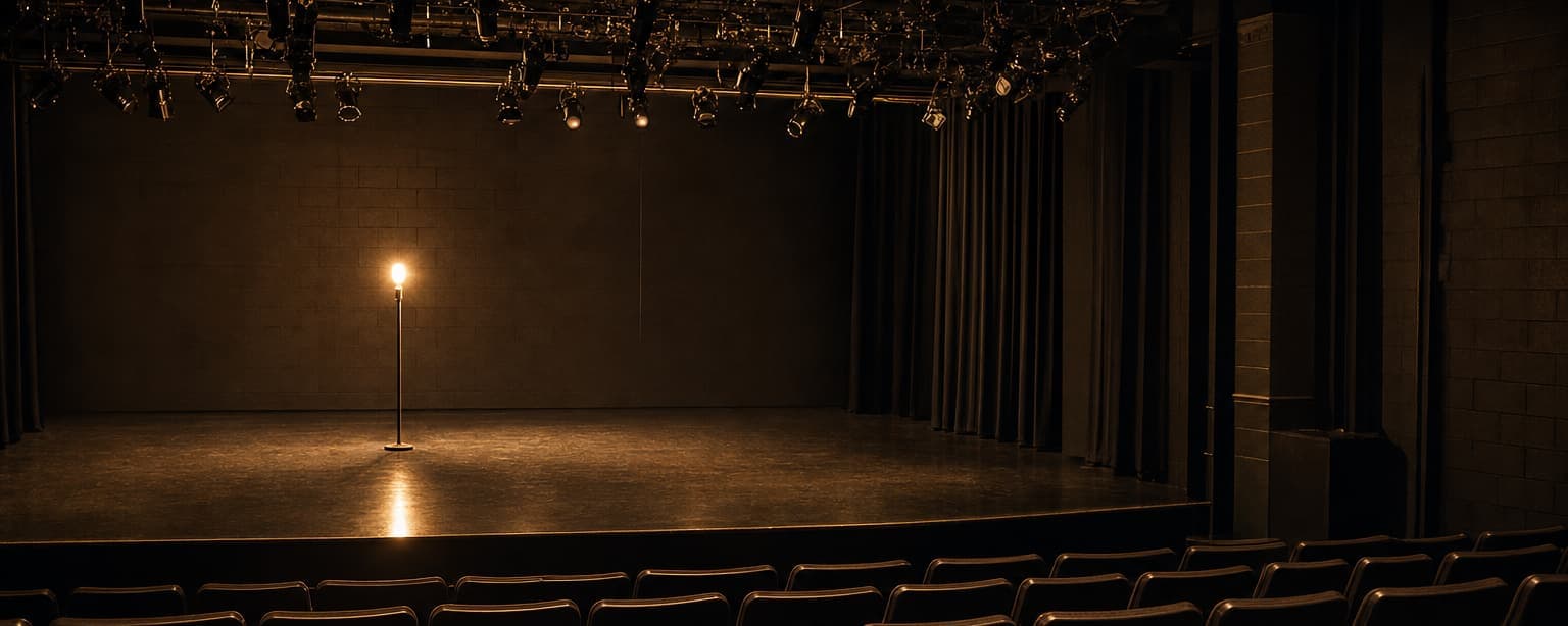 A small community theater auditorium before a performance, rows of empty seats facing a bare lit stage with a ghost light standing center and lighting bars visible overhead