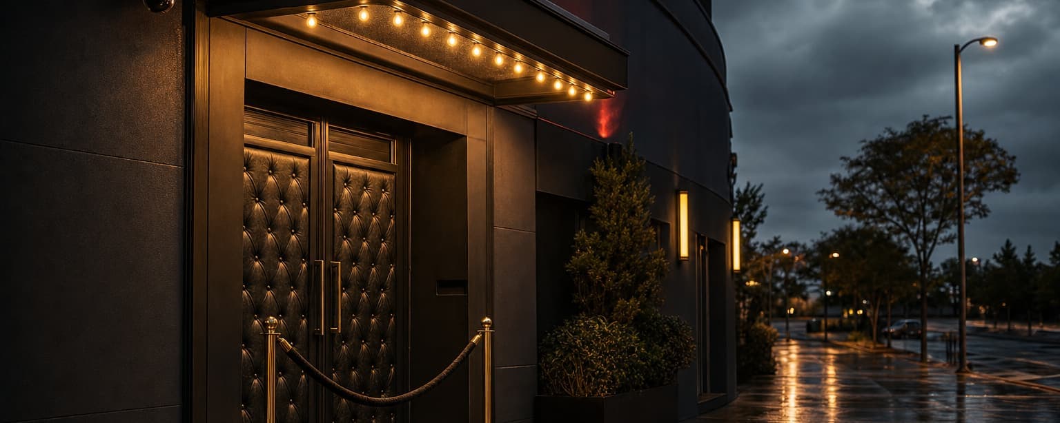 A nightclub entrance at night, studded doors under a marquee of bulbs, brass rope stanchions across the sidewalk and a wet street beyond