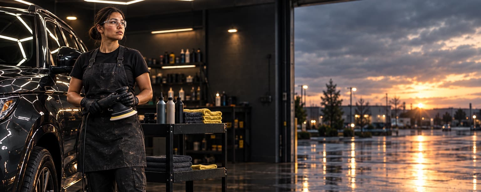 A professional auto detailer in black nitrile gloves and a dark apron holding a dual-action polisher beside a glossy dark SUV under hexagonal LED light panels in a small detailing studio