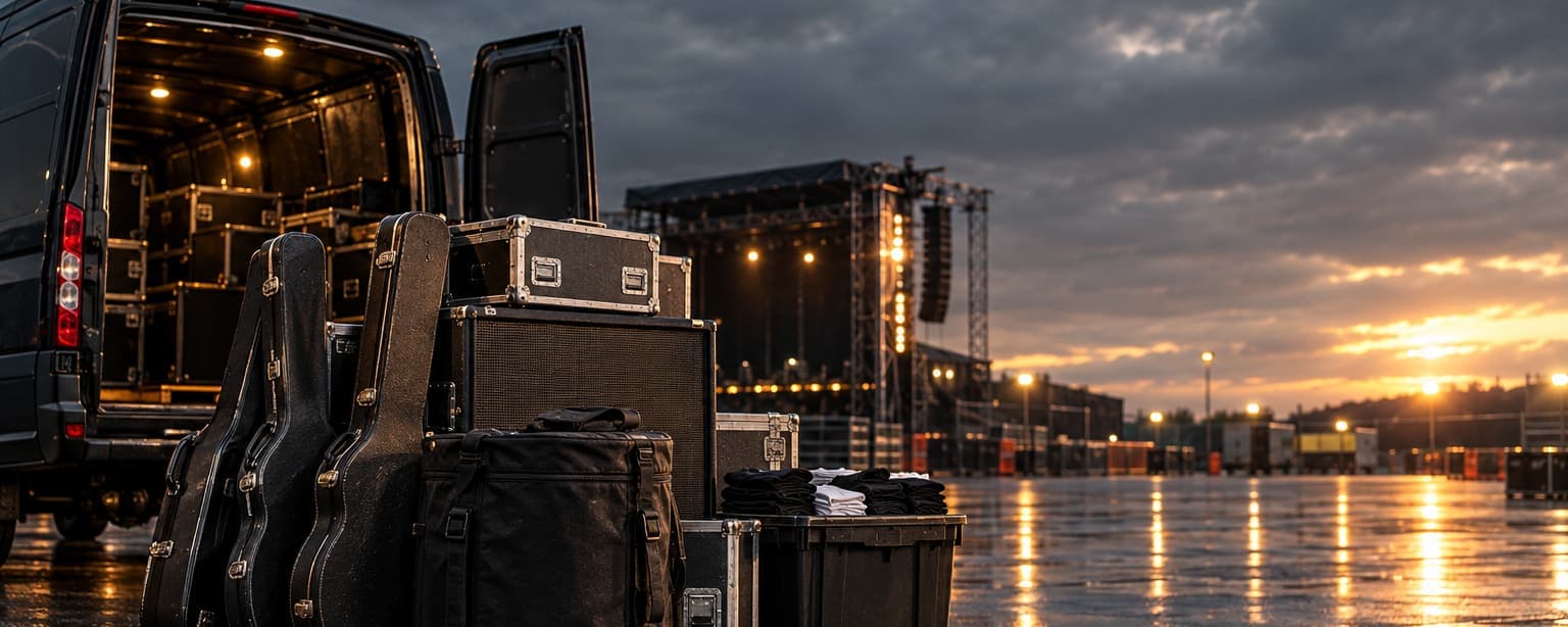 A band’s gear stacked on wet asphalt at sunset before load-in: guitar cases, an amplifier, road cases, a gear bag and a bin of folded merch beside a van with its doors open, a festival stage behind