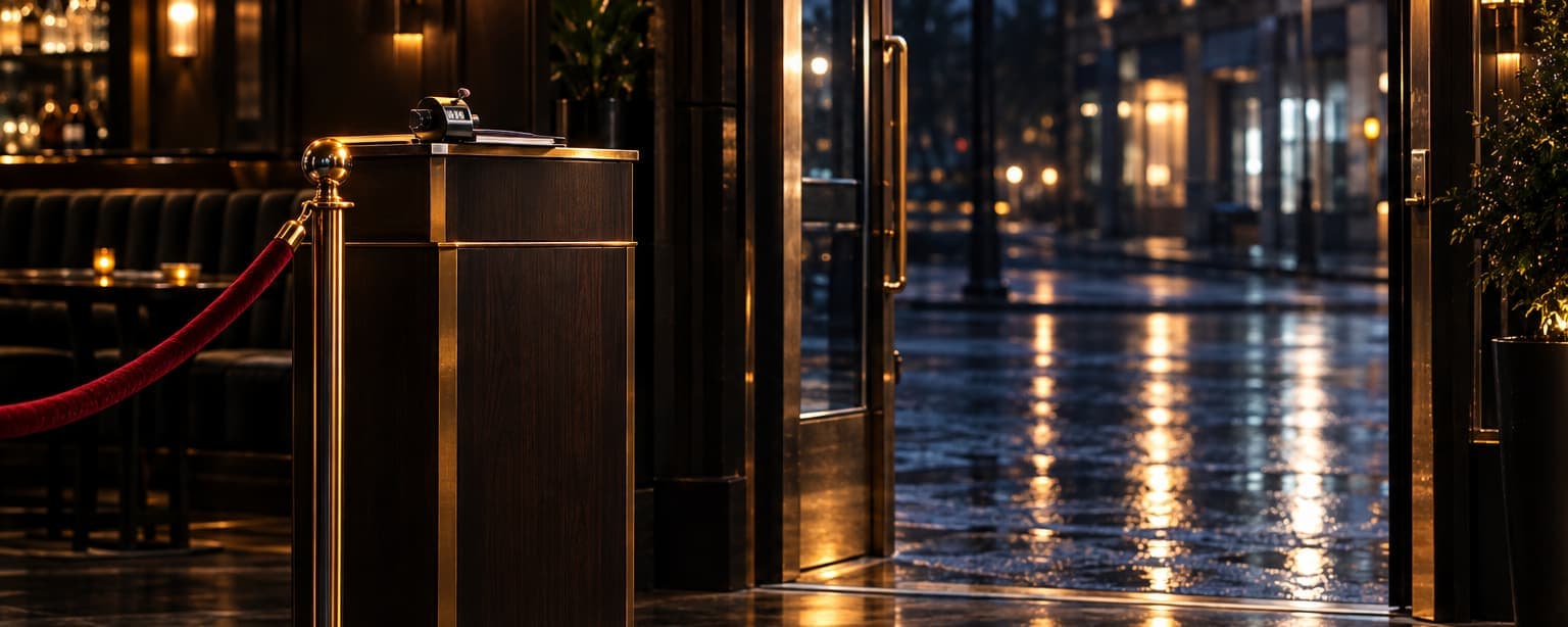 The entrance of a late-night bar from inside, a velvet rope on stanchions and a host podium, a lit doorway onto a dark wet street beyond