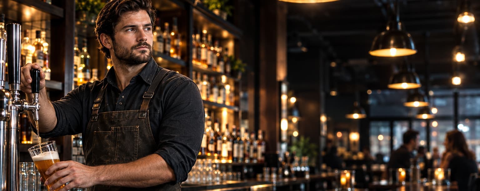 A bartender in a waxed canvas apron pulling a draft beer behind a long bar, a lit spirits shelf behind him and pendant lamps running back over the room