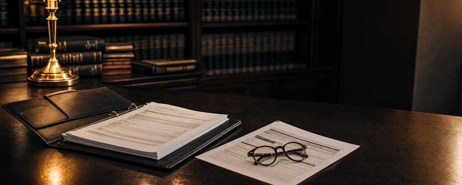 A specialty policy binder open on a dark desk beside a quote comparison page and reading glasses under a brass lamp, shelves of underwriting manuals behind