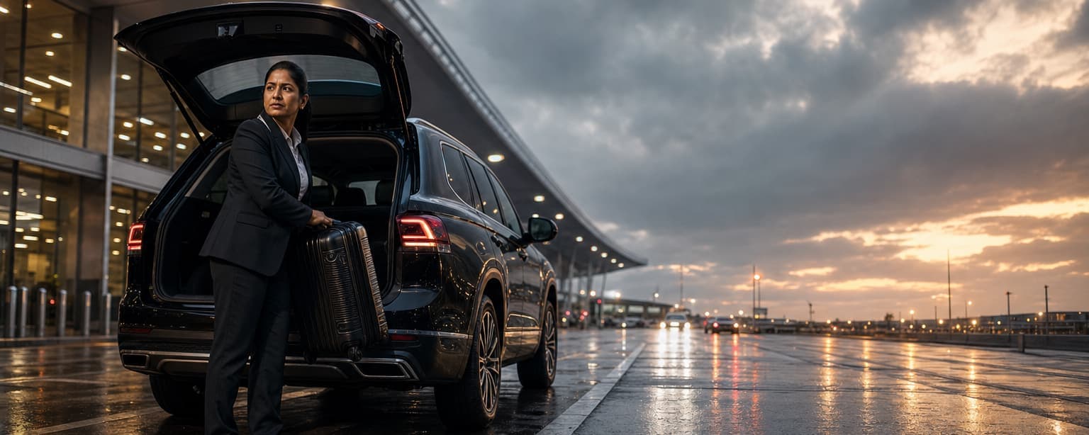 A chauffeur in a dark suit lifting a suitcase into the open liftgate of a black SUV at an airport curb at dawn, the terminal lit behind and the drive still wet
