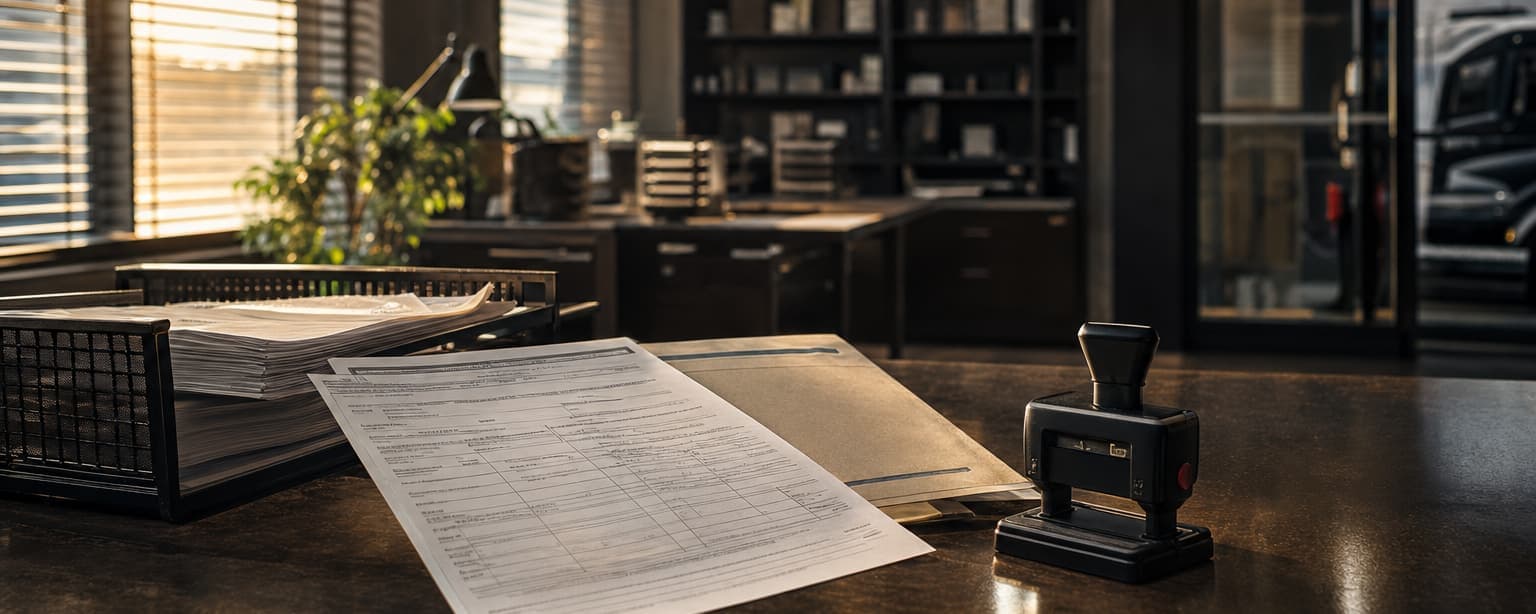 A federal filing acknowledgement printout on a dispatch desk beside a carrier authority letter and a stamp, early light through the office blinds