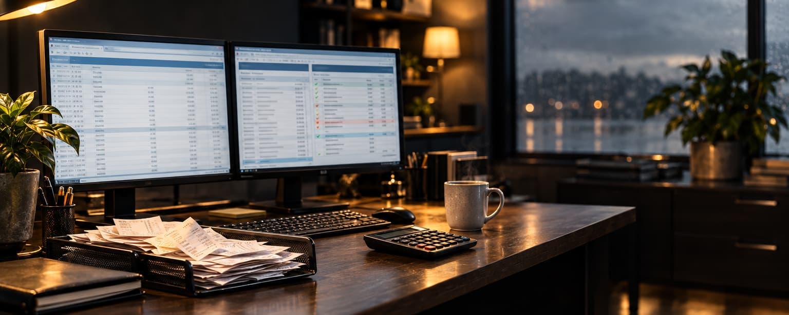 A bookkeeper’s desk at night with two monitors showing a ledger and a bank reconciliation, a tray of receipts, a calculator and a steaming mug, rain on the window behind