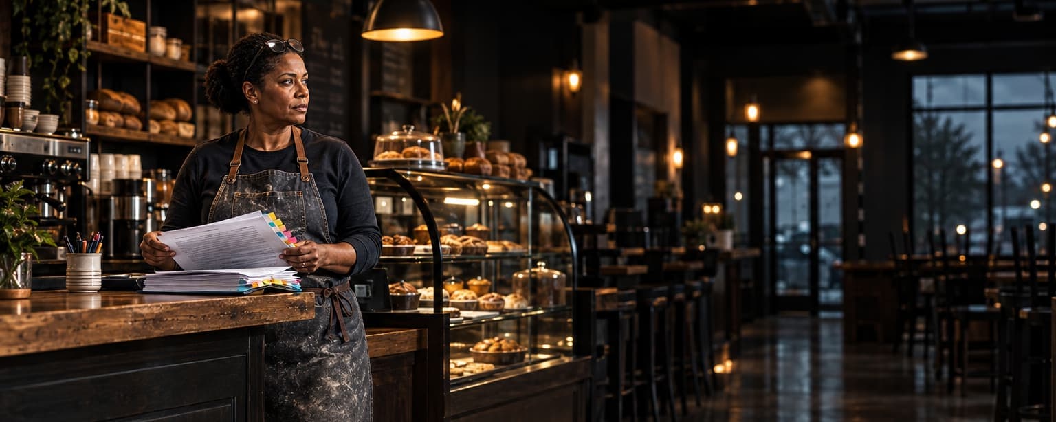 A bakery cafe owner standing behind her wooden counter after closing, reading a thick printed lease with colored tabs under warm pendant lights