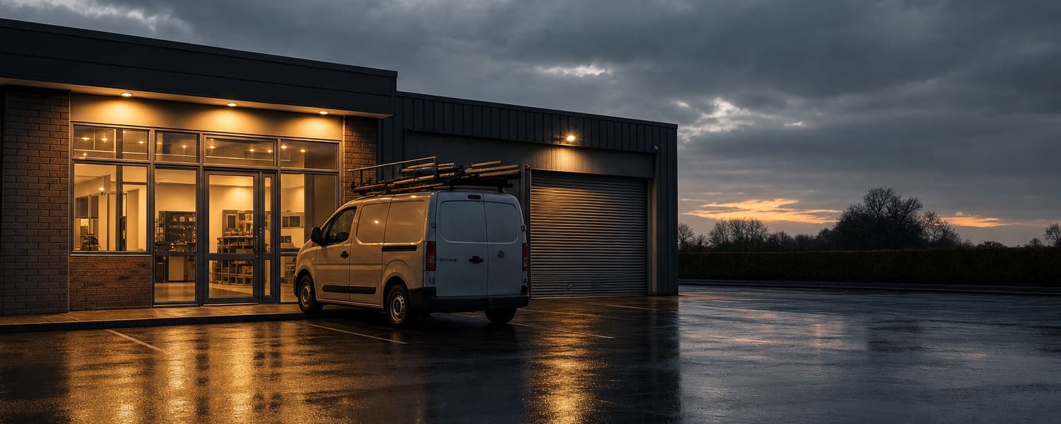 A small commercial building at dusk with a lit storefront at one end and a closed roller-shutter bay at the other, a ladder-racked work van parked outside and the wet lot reflecting the light