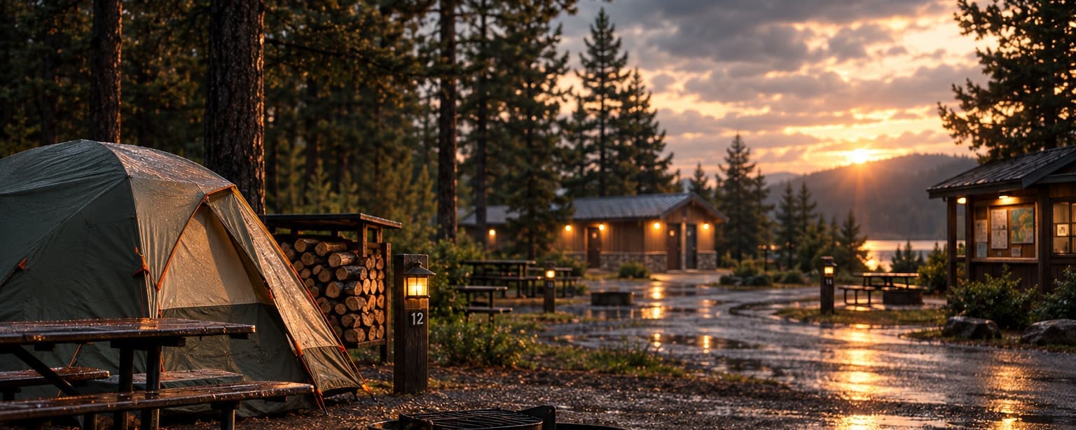 A wooded campground at dawn, a tent pitched on a numbered site with a picnic table and fire ring, a firewood stack, a bathhouse and a camp office