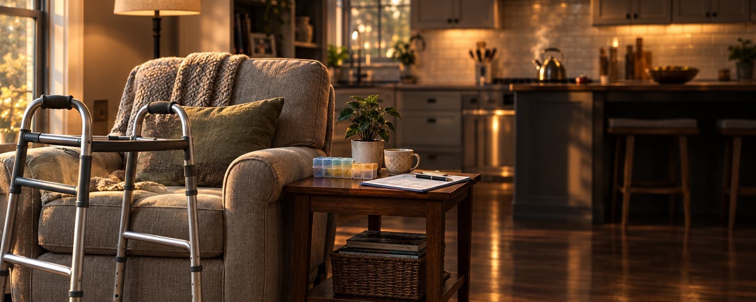 A client’s living room in warm morning light, a walker folded beside an armchair, a weekly pill organizer, a mug and a care log on the side table, the kettle steaming in the kitchen beyond