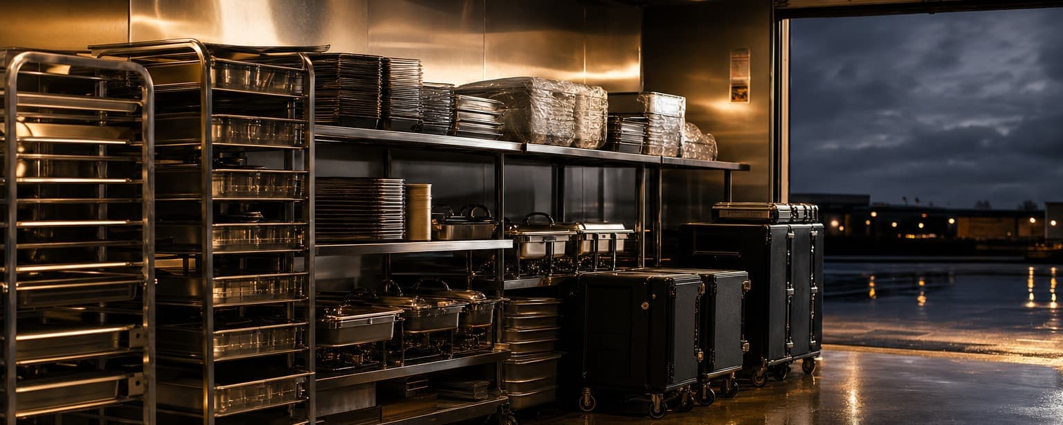 A catering prep kitchen at night, hotel pans stacked on speed racks and chafing dishes and transport carts loaded and waiting by the loading door under stainless shelving