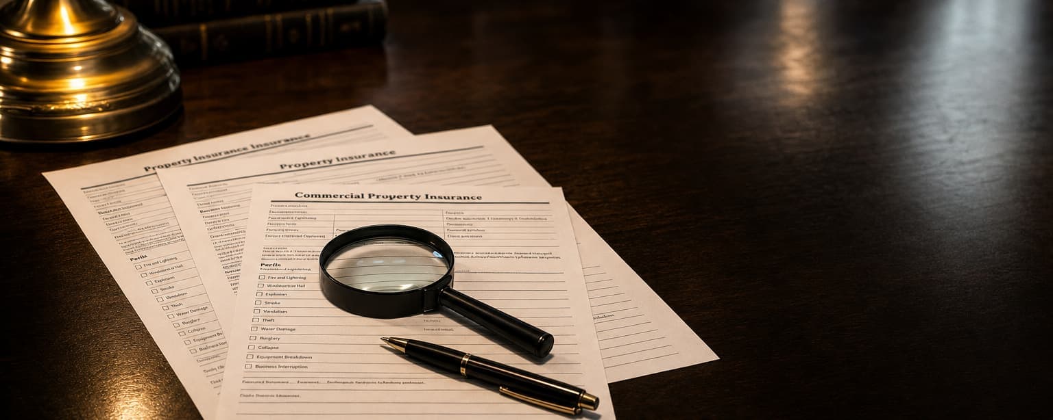 Three property policy forms fanned on a desk with the perils sections visible, a magnifier and a pen on top