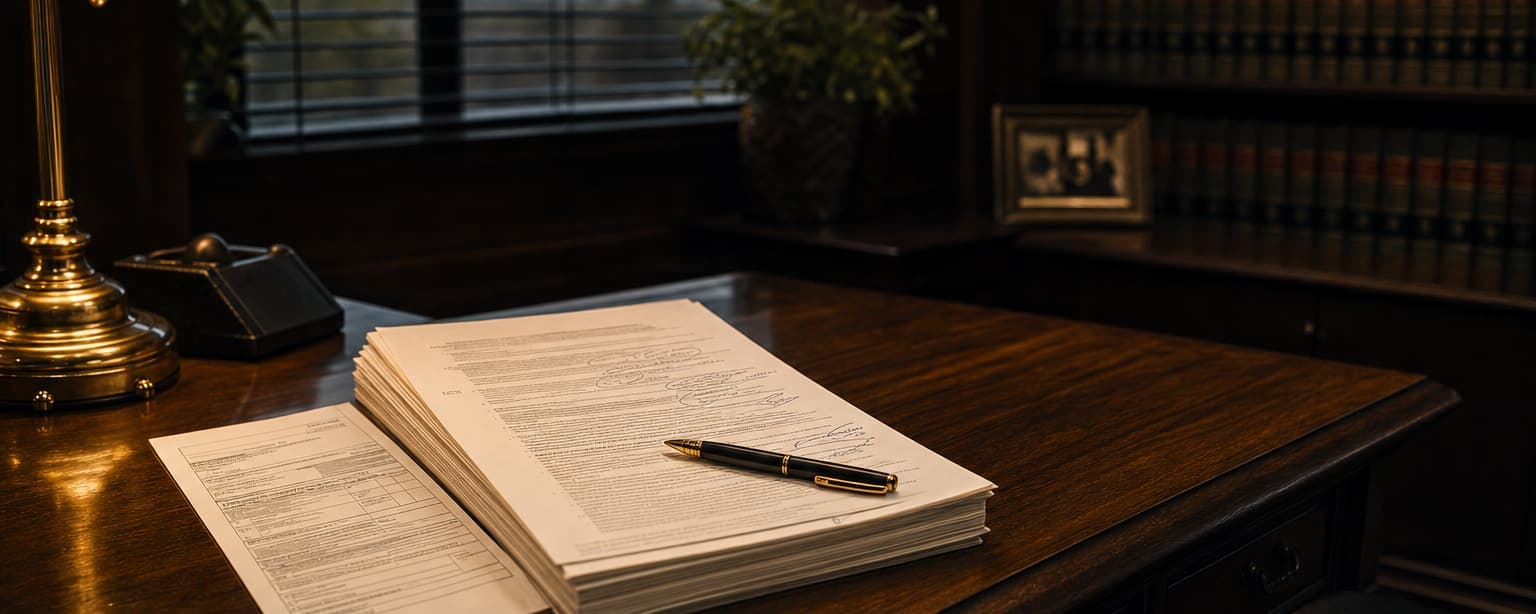 A thick policy open flat on a desk under a brass lamp with a pen laid across the pages, a desk phone and shelves of bound volumes behind