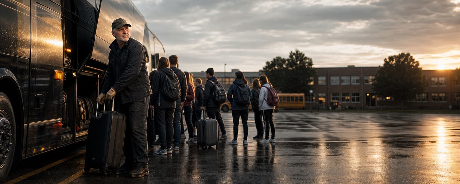 A motorcoach driver in a cap loading a suitcase into the open luggage bay of a charter bus at sunrise, a line of passengers with roller bags waiting along the bus, a school building and yellow bus across the wet lot
