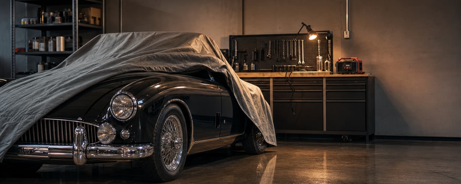 A vintage sports car half uncovered by a dust sheet in a home garage, a lit workbench and shelves of tools along the back wall